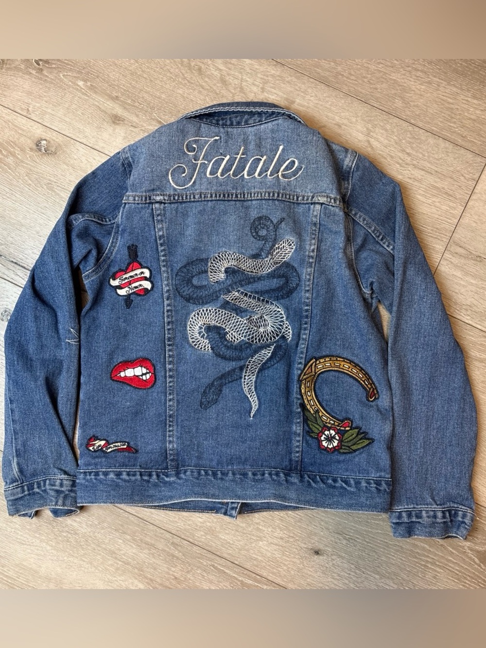 PacSun Denim Jacket with Embroidered Snake, 'Fatale' Script & Patch Accents